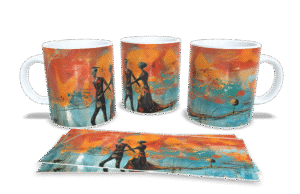 Surrealistyczny kubek pary idącej przez świat