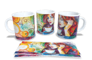 Kobieta pijąca kawę, bardzo kolorowy kubek