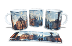 Kubek z parą idącą zimową porą przez miasto